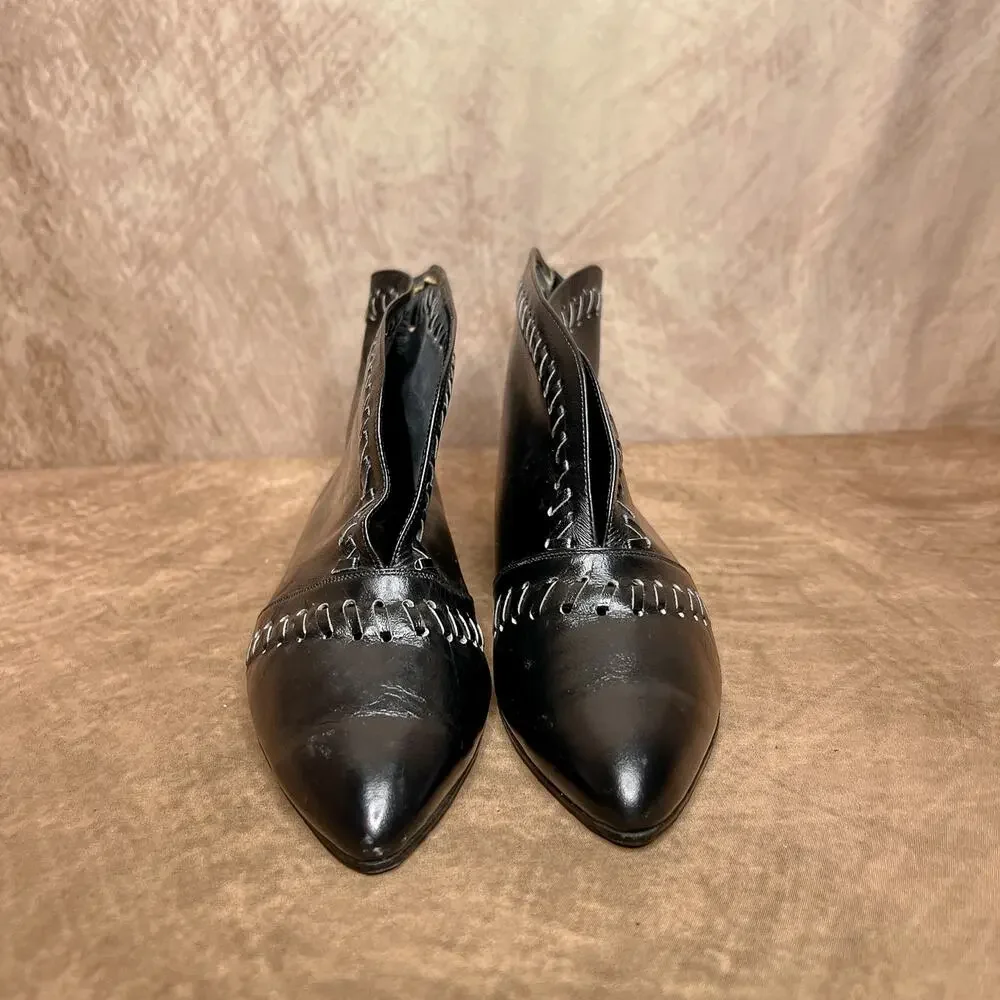 Vintage 60s Joanna Black Whip Stitch Style Western Victorian Ankle Boots - Picture 9 of 12